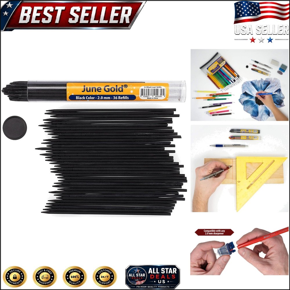 Professional 2.0 mm Black Raven Colored Lead Refills – 36 Count, Pre-Sharpened