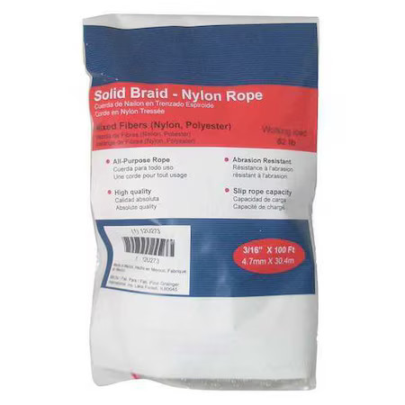 Zoro Select 12U273 Rope, Nylon, Braided, 3/16 In. Dia., 100Ft L, 12U273