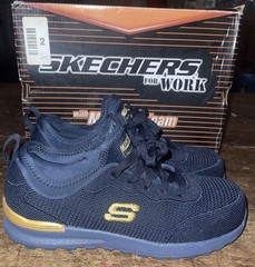 WOMEN’S “7.5” SKECHERS NAVY & GOLD WORK SHOES Memory Foam Bulkin-BALRAN 108033