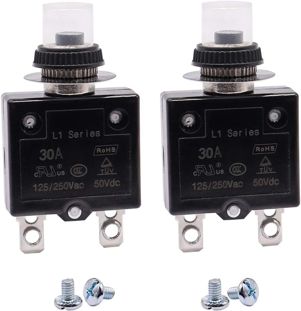 2Pcs 30Amp Circuit Breakers Push Button Manual Reset 125/250V AC 50V DC, L1 Seri