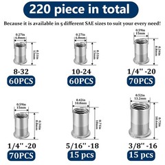 Stainless Steel Rivet Nut Assortment SAE Rivnut Kit 220 Pcs