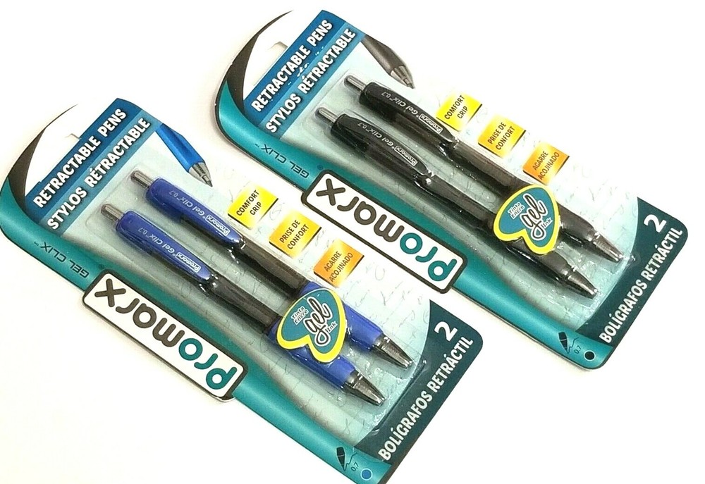 2 PACKS 4 PENS Promarx® GEL CLIX™ COMFORT GRIP RETRACTABLE BLACK & BLUE INK 0.7