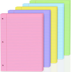 100 Sheets Colored 8X10.5 Inch Loose Leaf Paper, 5 Colored College Ruled 3 Hole