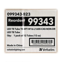 VERBATIM T8-4FT-W16-L1600-C40-NON-DR FLUORESCENT LED T8 TUBE BULB (12-PACK)