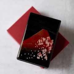 Vintage Lacquer Mount Fuji Cherry Blossom Business Card Holder Japan W/ Box