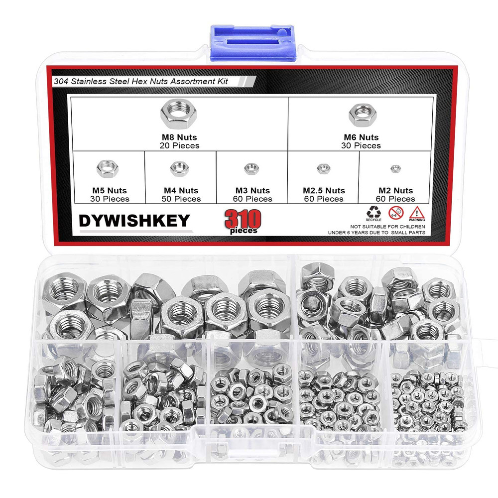 DYWISHKEY 310 Pieces Metric 304 Stainless Steel Hex Nuts Assortment Kit for Scre