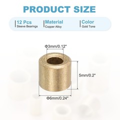 12Pack 3mm Bore x 6mm OD x 5mm Length Sleeve Bearings Gold Tone