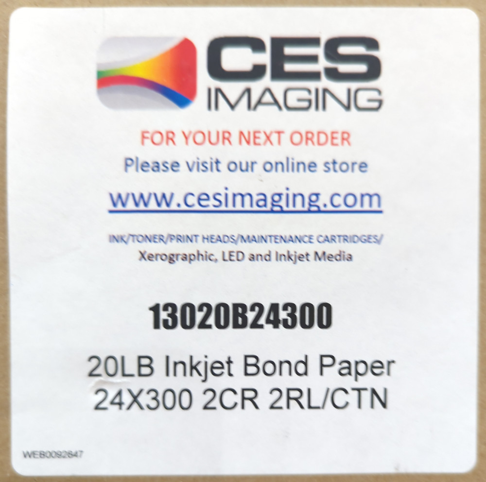 CES Imaging 13020B24300 24″ X 300′ 20lb Bond Plotter Paper 2″ Core, 2 rolls, fac