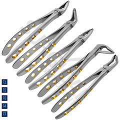 5 Pc Dental Extracting Forceps F1, 2,3,4,7 Diamond Dusted Gold Handle German GR