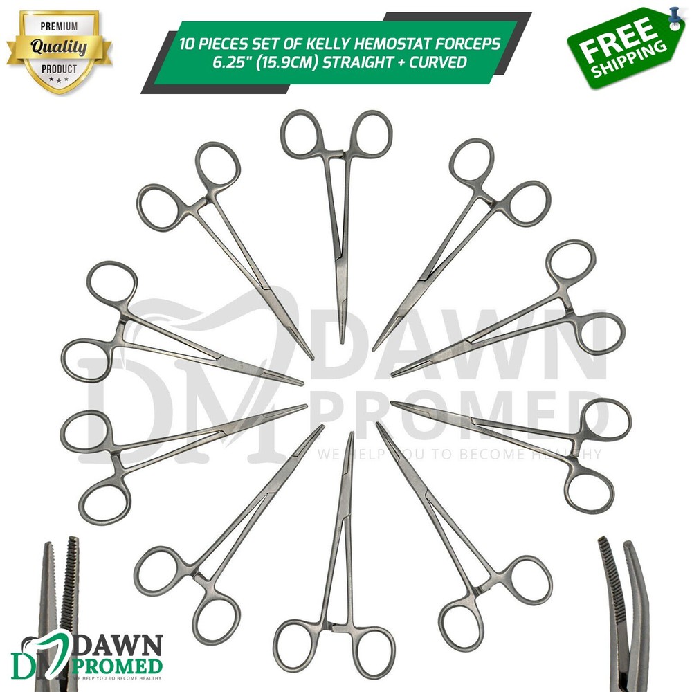 10 Kelly Hemostat Forceps 6.25″ Straight + Curved Locking Dental Fishing Plier