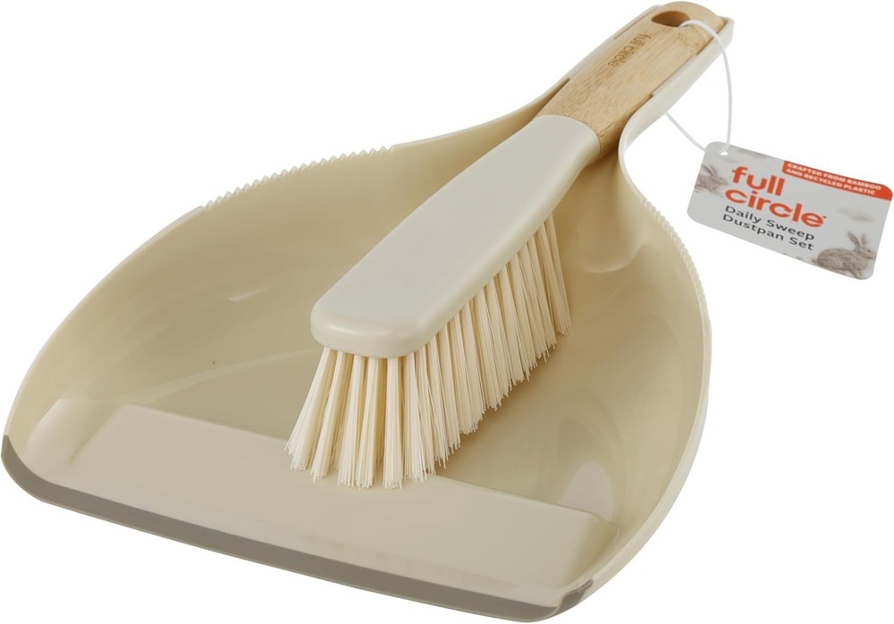Daily Sweep Dustpan & Brush Set with Rubber Edge Built-in Lint Comb Bamboo
