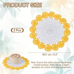 2Pcs Crochet Handmade Doilies 8.2″ Placemats Lace Coasters White, Dark Yellow