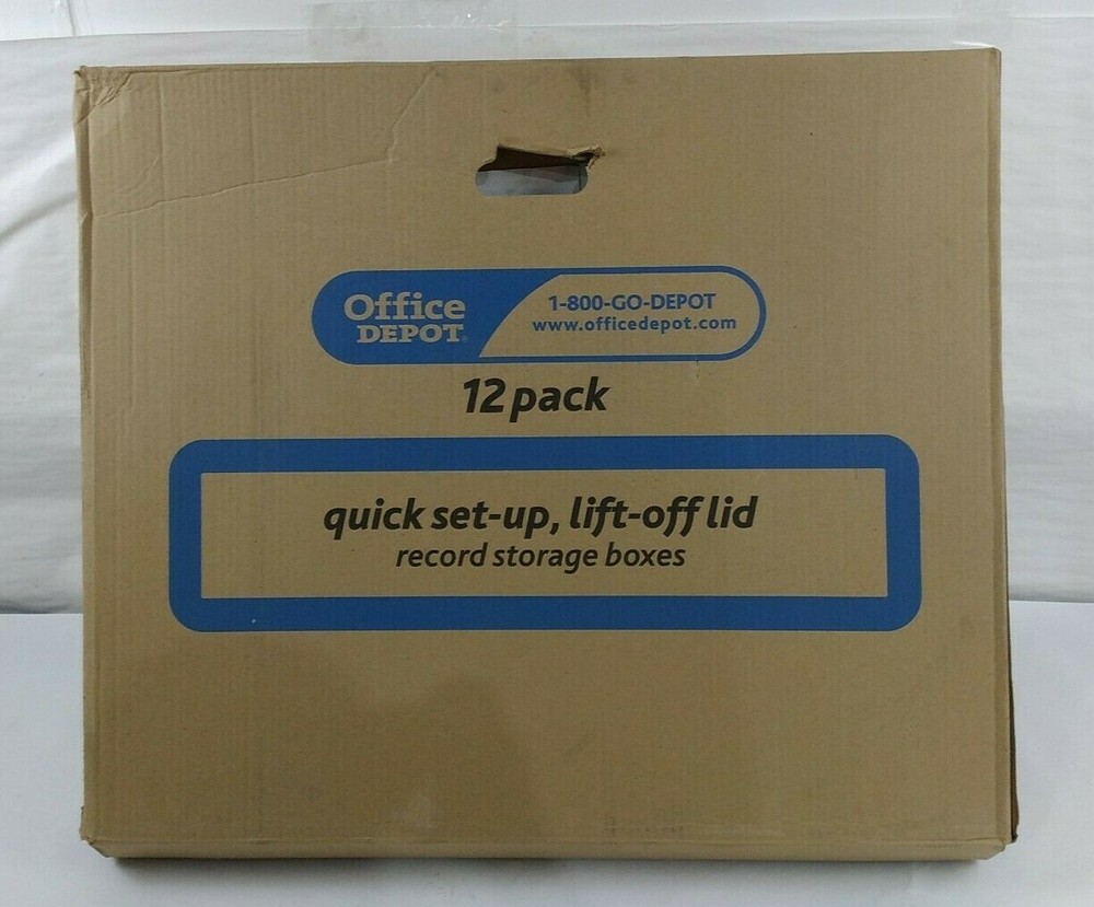 Office depot 12 Pack of quick setup, lift off lid record storage boxes