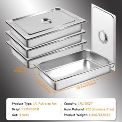 4 Pack Stainless Steel Full Size 4” Deep Steam Table Pan w/ Lid Hotel Food Pans