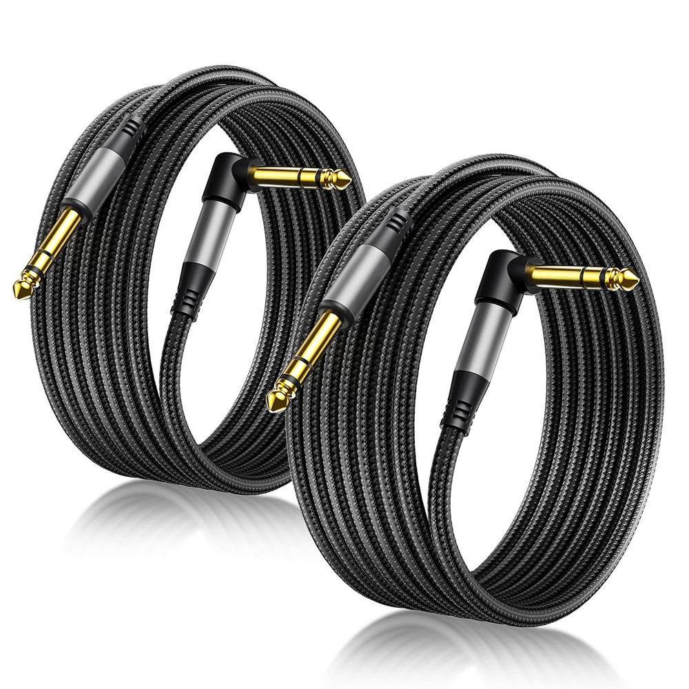 2Pack 10Ft TRS Instrument Cable Right Angle 1/4 Inch Male Jack Stereo Audio Cord