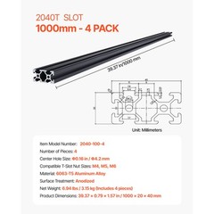 4PCS 39.4 in (1000 mm) T Slot 2040 Aluminum Extrusion Anodized Linear Rail