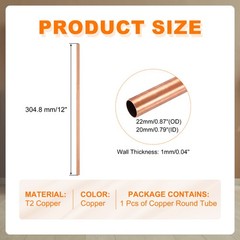 22mm OD x 1mm Wall Thickness x 300mm(11.8″) Length Copper Round Tube