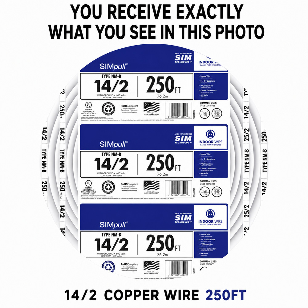 14/2 romex copper wire 250ft roll for electricians, contractors, builders.