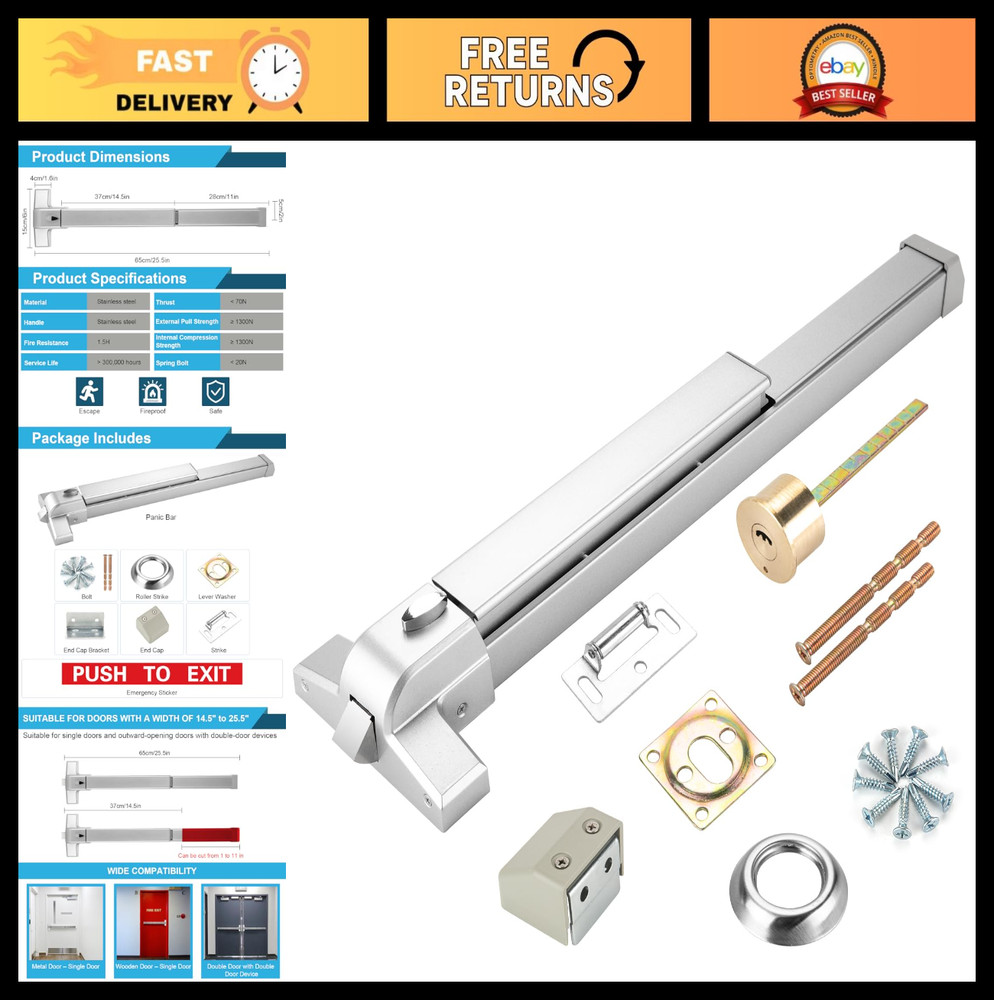 25.5″ Stainless Steel Panic Exit Device – Push Bar Door Lock for Single/Double D