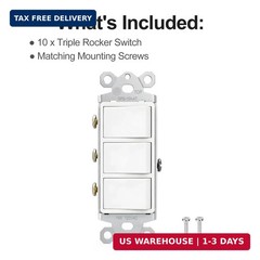 Baomain 10-Pack Triple Rocker Light Switch, 15A 120V Single Pole, 3 Individual S