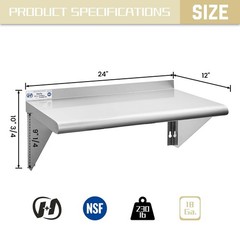 Hally Stainless Steel Shelf 12 x 24 Inches 230 lb, NSF Commercial Wall Mount …