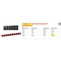 Wright Tool 314 3/8″ Drive 8 Piece Deep Impact Socket Set 6-Point On Clip Rail