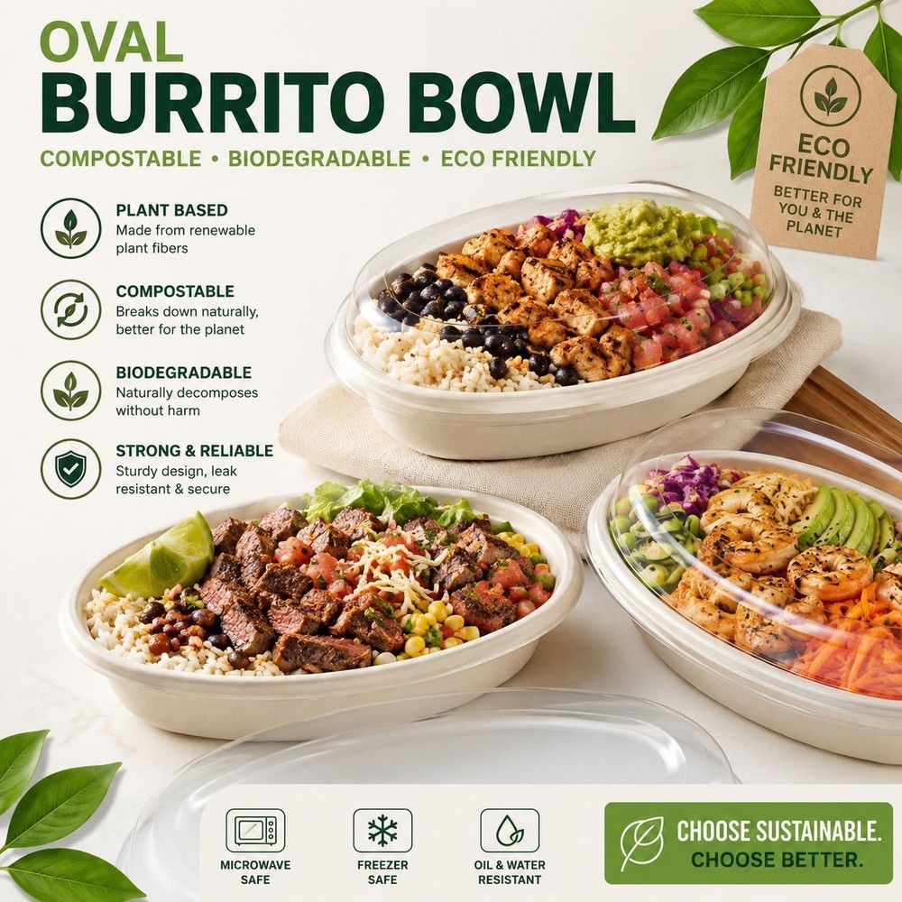 50 Pack 26 oz Oval Burrito Bowl with Lid, Compostable, Eco-friendly