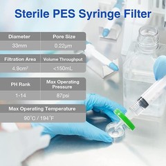 Lab Sterile Syringe Filter PES, 0.22 micron Pore Size, 33mm Diameter, Pack of 10