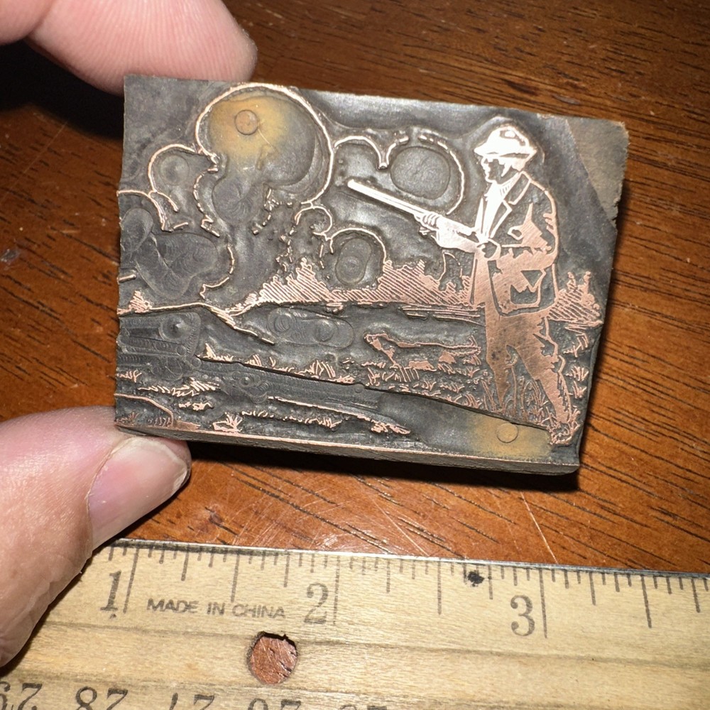 Printing Block “ Man hunting With His Dog “ Clouds. Nice Lines! Copper Face