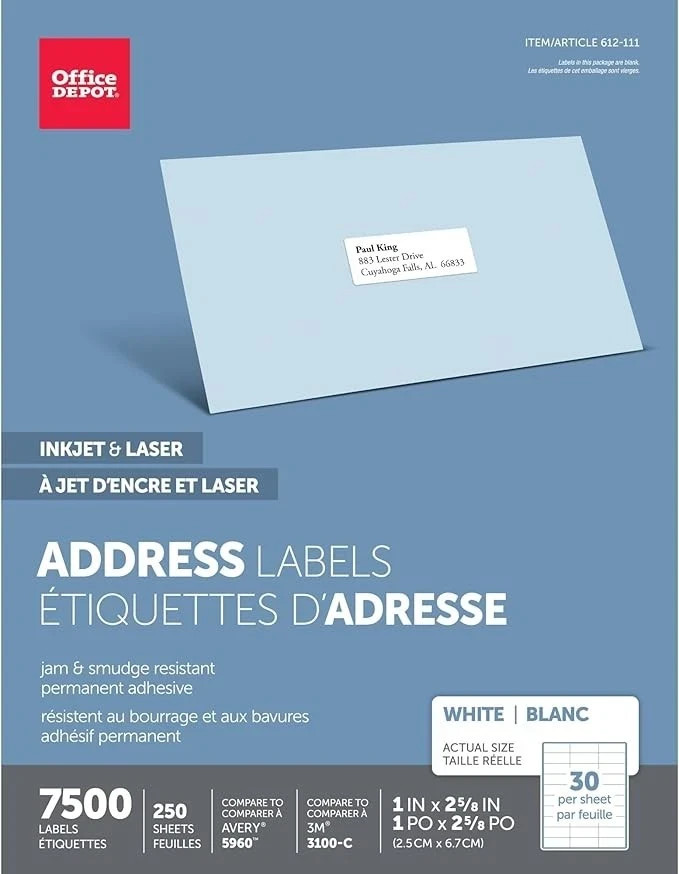 Office Depot Inkjet/Laser Labels 1250 Sheets 30 per Sheet 37,500 Avery 8460 5160