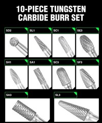 Carbide Burr Set 1/4″ (6.35mm) Shank – 10 Pcs Double Cut Die 0.25 inches