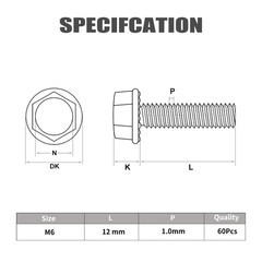 60PCS M6-1.0 x 12mm Flanged Hex Head Bolts Black Zinc Alloy Steel Class