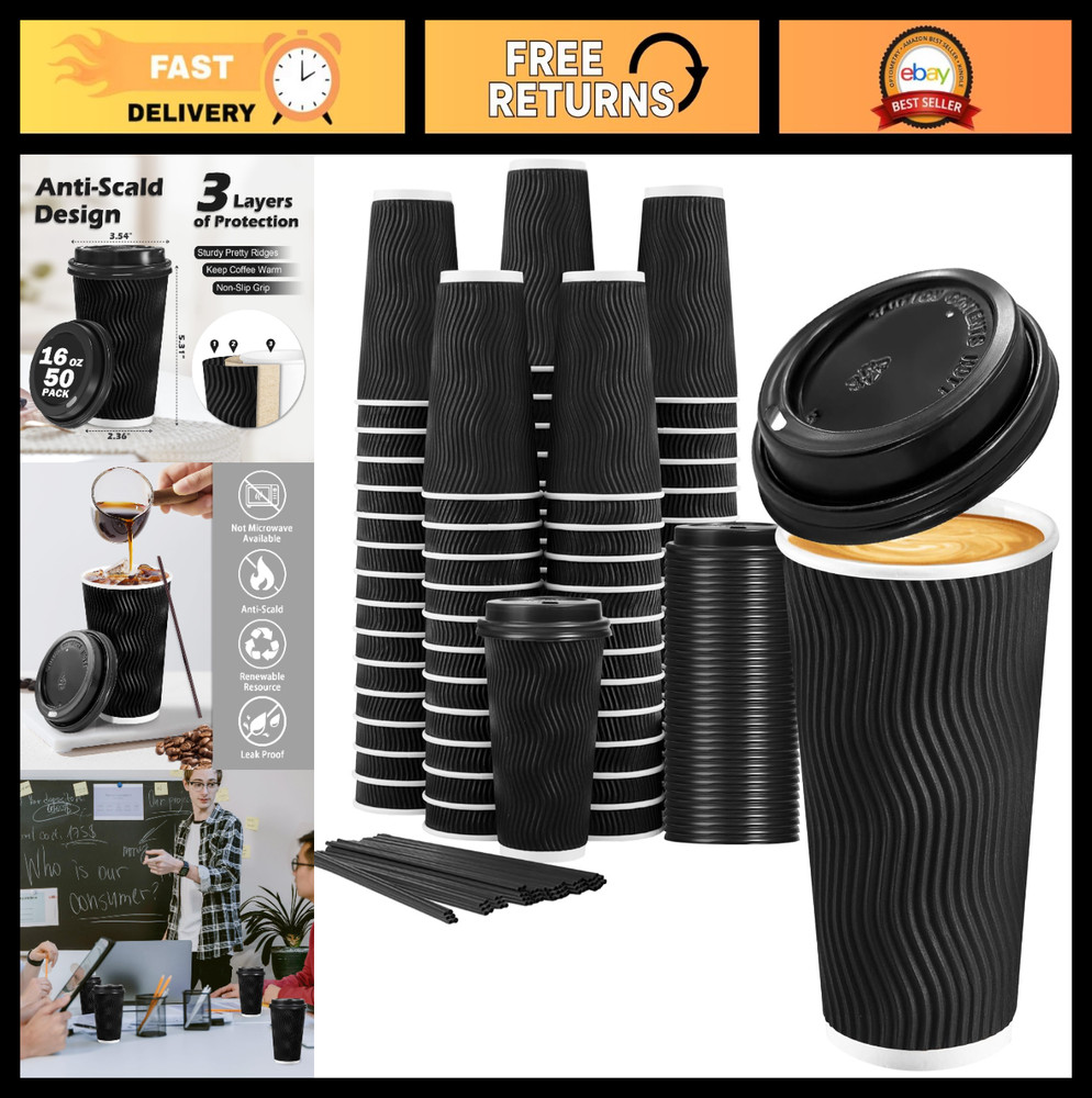 16 oz Insulated Disposable Coffee Cups with Lids & Straws – 50 Pack, Ripple Wall