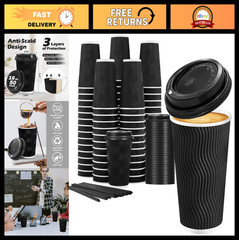 16 oz Insulated Disposable Coffee Cups with Lids & Straws – 50 Pack, Ripple Wall