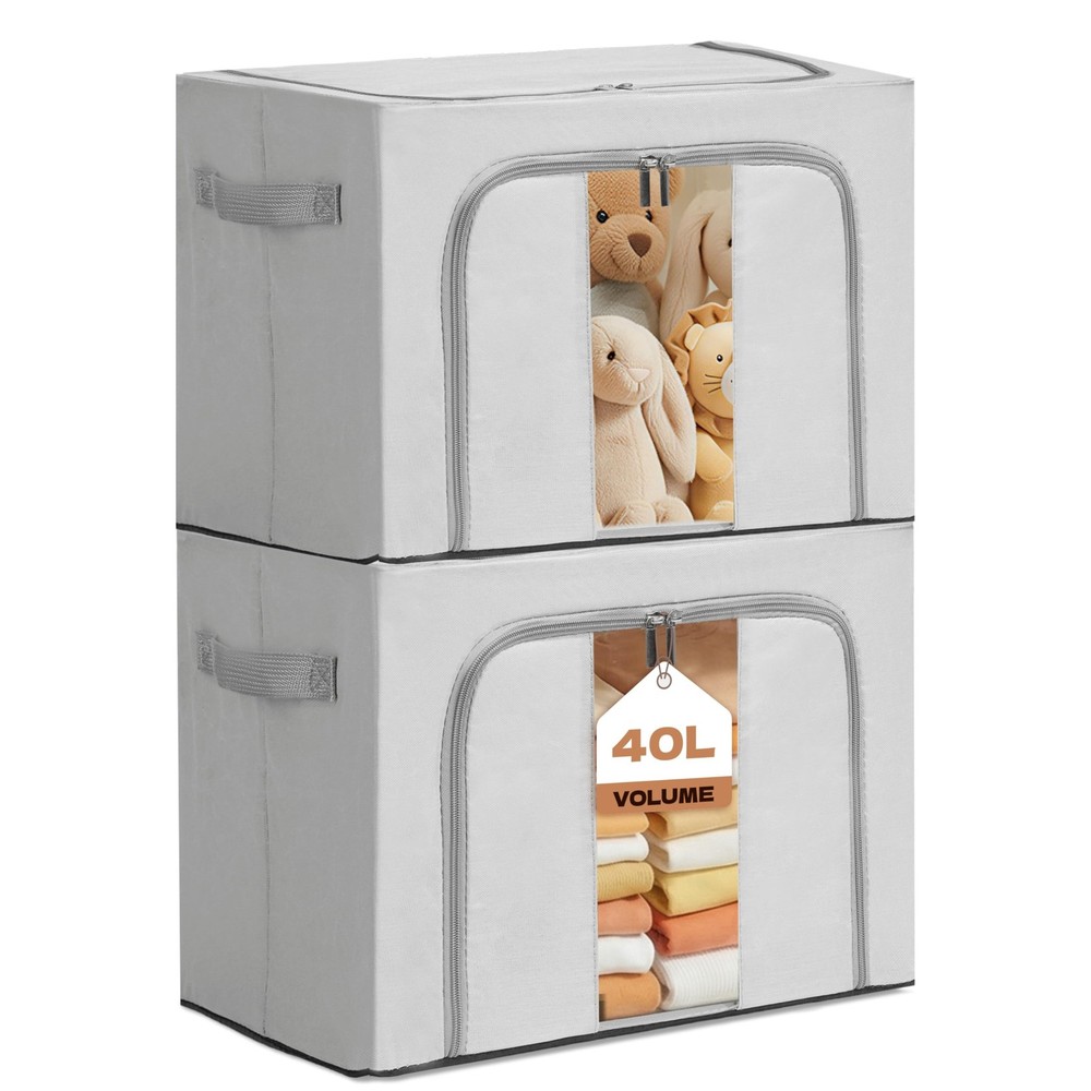 2Pack 40L Clothes Storage Bins with Metal Frame, Foldable Oxford Fabric Close…