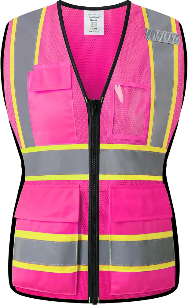 Safety Vest for Women with Pockets Snug Fit Neon Reflective Mesh Work Vest