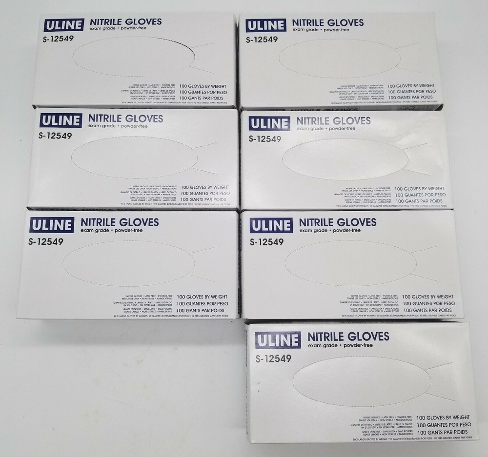 One(1) Box of 100 Uline Medium S-12549 Nitrile Gloves Exam Grade Powder Free