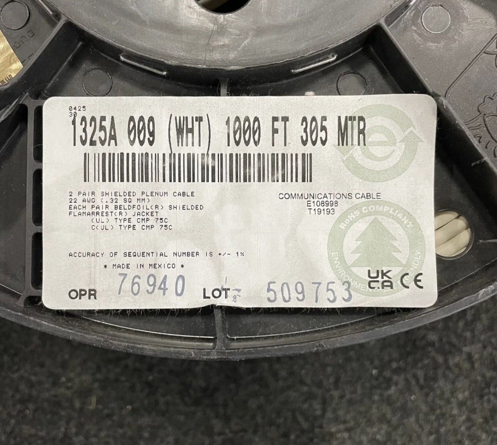 BELDEN BRAND NEW CABLE-1325A 009 1000–Two Pairs-Shielded-Plenum-White-1000’ Reel