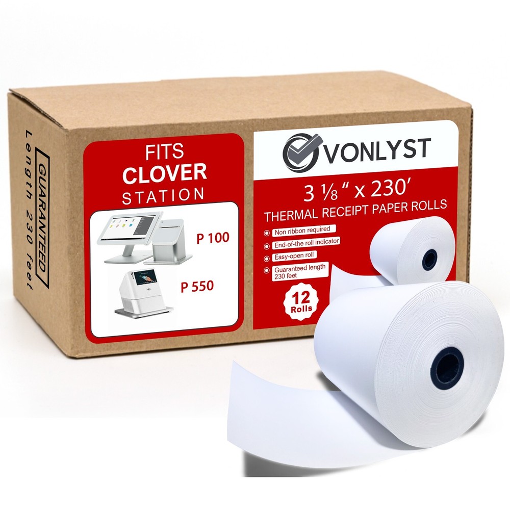 Vonlyst Thermal Receipt Paper Rolls 3 1/8″ x 230′ for Clover Station (12 rolls)