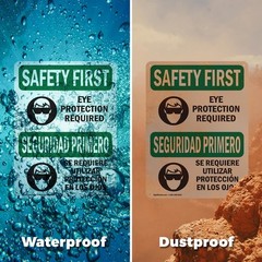 Eye Protection Required Bilingual OSHA SAFETY FIRST Sign Or Decal – 5 or 10 Pack