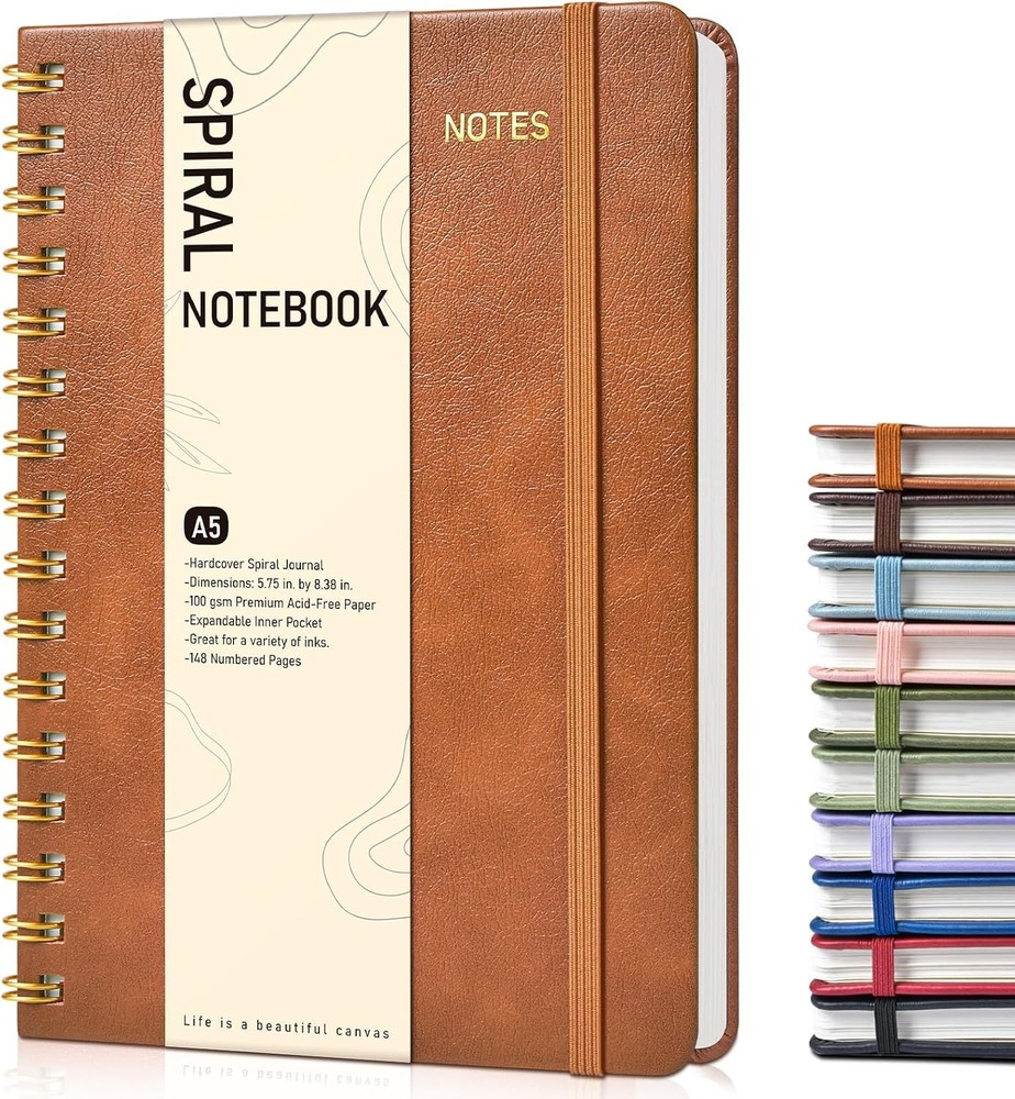 A5 Dotted Spiral Journal Notebook 100GSM Dot Grid 150 Pages Hardcover Brown