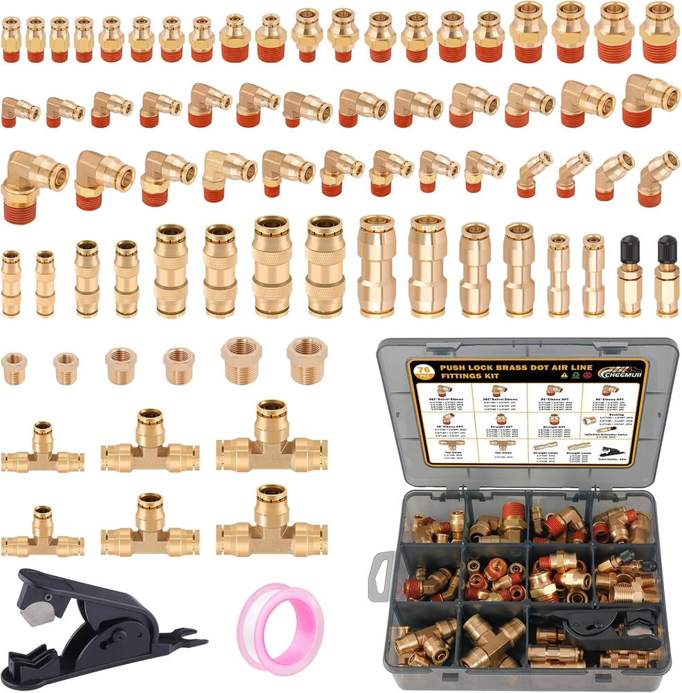 76 Pcs Brass DOT Air Line Fittings Kit Push Lock Air Fittings Push to Connect Fi