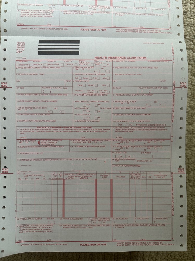 continuous HCFA CMS 1500 form computer paper, approx 800 sheets, 9.5″ x 11″