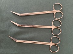 7 Used Surgical Scissors Angled Stainless Kidney Dish, Patterson KLM Martin Ace