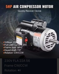Uimoso 5HP Air Compressor Electric Motor 230V 3450RPM 56Hz Frame CW/CCW Rotation