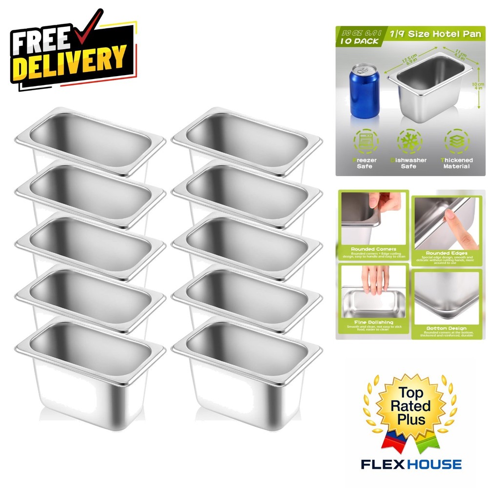 Commercial-Grade 1/9 Size Stainless Steel Food Containers – 4″ Deep Set of 10