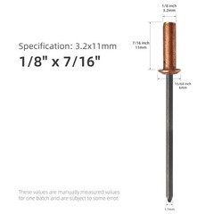 50 PCS Closed End Blind Rivets 1/8 x 7/16 Inch Copper Dome Head 3.2x11mm