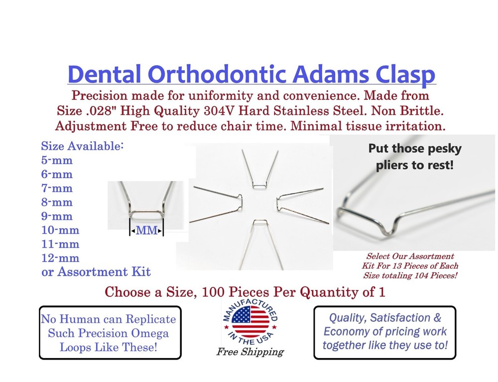 Orthodontic Dental Adams Clasps – 100 pieces – Pick your Size today! + Free Ship