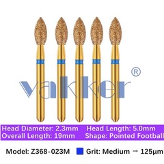 Vakker 5pc Dental Zirconica Diamond Burs Z368-023 Medium Fine Pointed Football