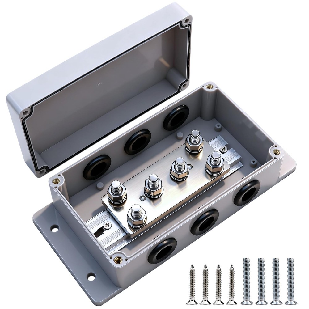 12-48V Heavy Duty 500A Bus Bar Tin-Plated Copper Block 6xM8(5/16″) Studs Wate…
